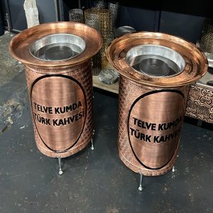 yuvarlak bakır kumda kahve makinesi çap 60 cm yükseklik 60 cm